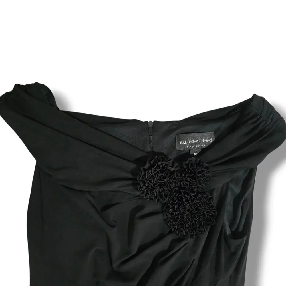 Connected Apparel Women’s Black Off-Shoulder Floral Accent Dress